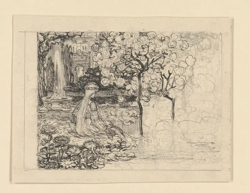 Ella omringd door planten, met op de achtergrond een fontein Wall Art by Edzard Koning - High-Resolution Digital Print