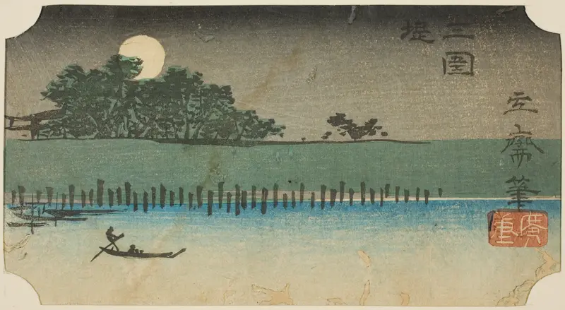 Embankment at Mimeguri (Mimeguri tsutsumi), section of a sheet from the series ”Cutouts of Famous Places in Edo (Harimaze Koto meisho)”