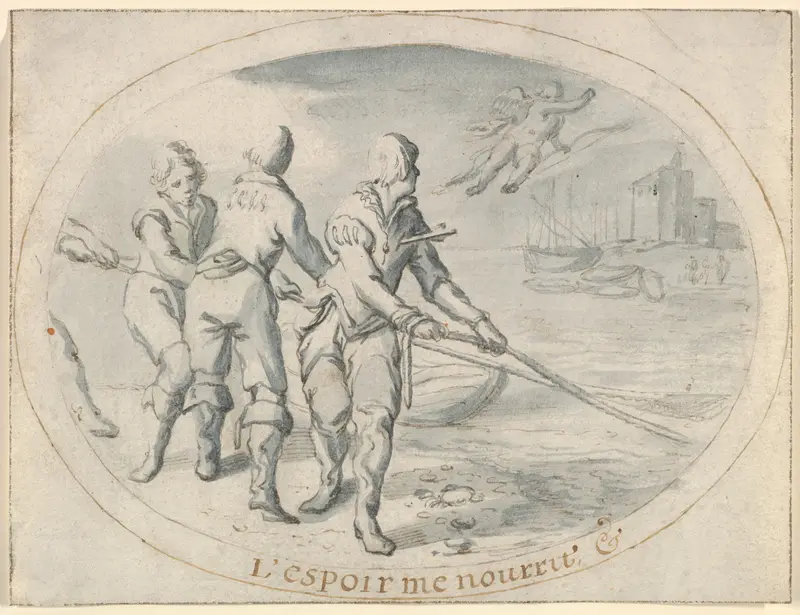 Emblem Drawing ("Hope sustains me") Wall Art by Jacob Matham - High-Resolution Digital Print