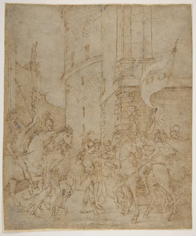Emperor greeted by a warrior Wall Art by Marcantonio Raimondi - High-Resolution Digital Print