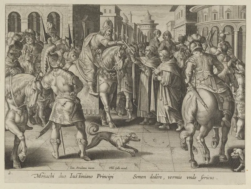 Emperor Justinian Receiving the First Imported Silkworm Eggs from Nestorian Monks, Plate 2 from "The Introduction of the Silkworm" [Vermis Sericus] Wall Art by Karel van Mallery - High-Resolution Digital Print