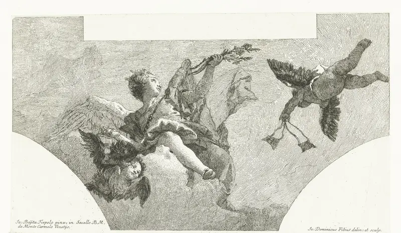 Engel met tros lelies en twee cherubijnen en putto met scapulier Wall Art by Unknown - High-Resolution Digital Print