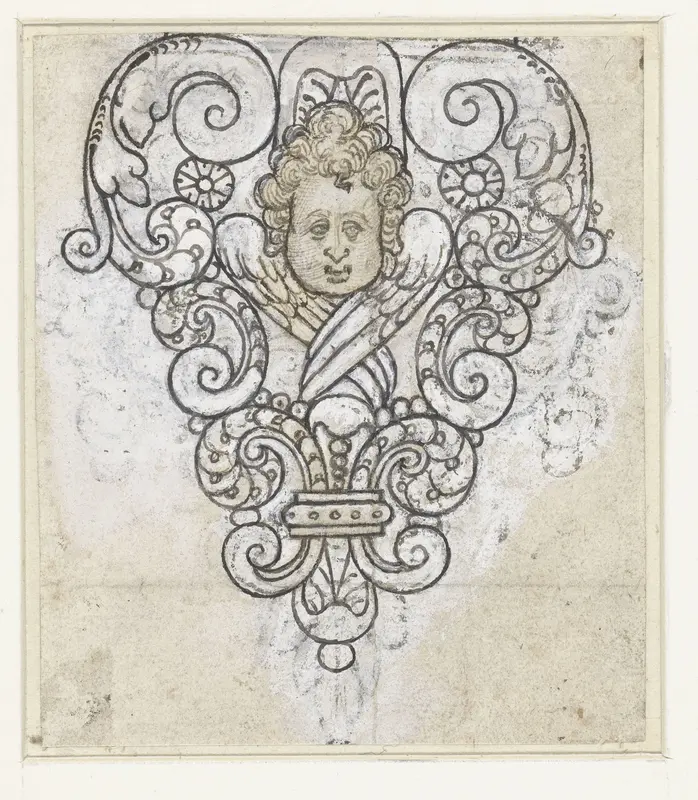 Engelkopje met gekruiste vleugels te midden van voluten Wall Art by anonymous - High-Resolution Digital Print