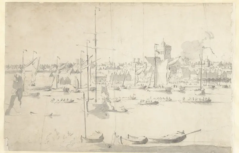 Engelse jachten en sloepen op een rivier bij een stad Wall Art by Willem van de Velde (I) - High-Resolution Digital Print