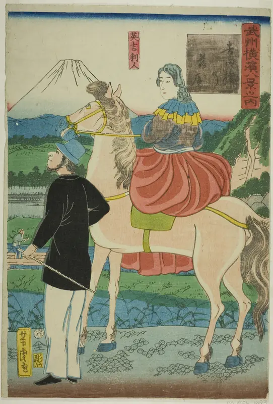 English Watching Descending Geese at Yoshida Bridge (Yoshida-bashi no rakugan, Igirisujin) , from the series "Eight Views of Yokohama in Musashino Province (Bushu Yokohama hakkei no uchi)"