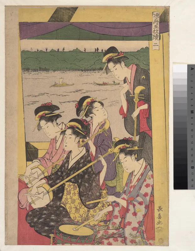 Enjoying the Cool of Evening on a Pleasure Boat, Sheet Two of a Pentaptych (Suzumi-bune gomai-tsuzuki, ni)