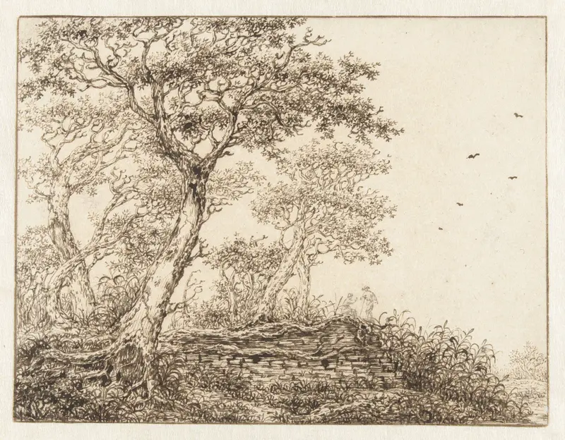 Enkele bomen bij een muur Wall Art by Unknown - High-Resolution Digital Print