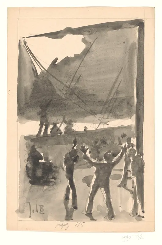 Enkele figuren, waarvan één met opgeheven armen Wall Art by Johan Braakensiek - High-Resolution Digital Print