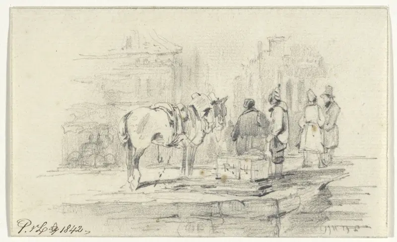 Enkele personen bij een paard op straat Wall Art by Pieter van Loon - High-Resolution Digital Print