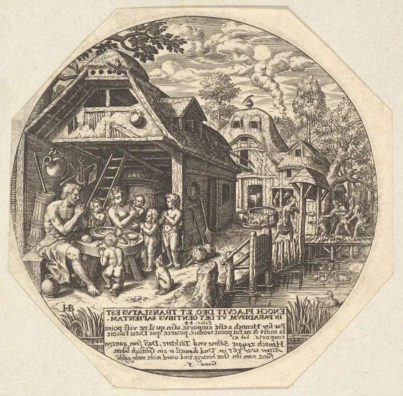 Enoch and his family surrounding a meal table and holding their hands in a gesture of prayer; behind them is the open end of house; to the right a woman hands out bread to a child, young man, and old man Wall Art by Johann Theodor de Bry - High-Resolution Digital Print