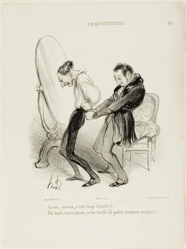 “- Enough, enough, it's much too tight!! - But not at all, Monsieur, this fabric suits you like a glove!”, plate 5 from Coquetterie