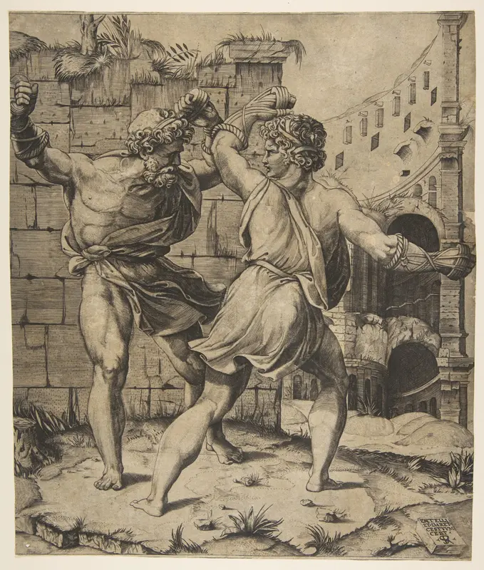 Entellus and Dares fighting in front of classical ruins