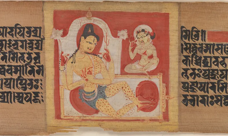 Enthroned Four-armed Bodhisattva, Leaf from a dispersed Pancavimsatisahasrika Prajnaparamita Manuscript Wall Art by Unknown - High-Resolution Digital Print