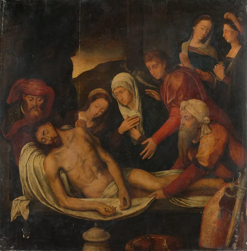 Entombment of Christ with Joseph of Arimathea and Nicodemus, Mary Magdalene, the Virgin and Saint John the Evangelist Wall Art by anonymous - High-Resolution Digital Print