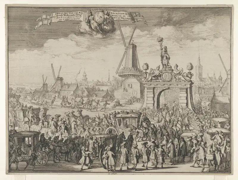 Entrance of William III into The Hague (Inhaling van S.K. Maj. aende Westeynder brug door de E.A. Magistraet van s'Gravenhage / Reception de sa Majesté au pont du Westende) from Bidloo, Inkomste van Koning Willem III Wall Art by Romeyn de Hooghe - High-Resolution Digital Print