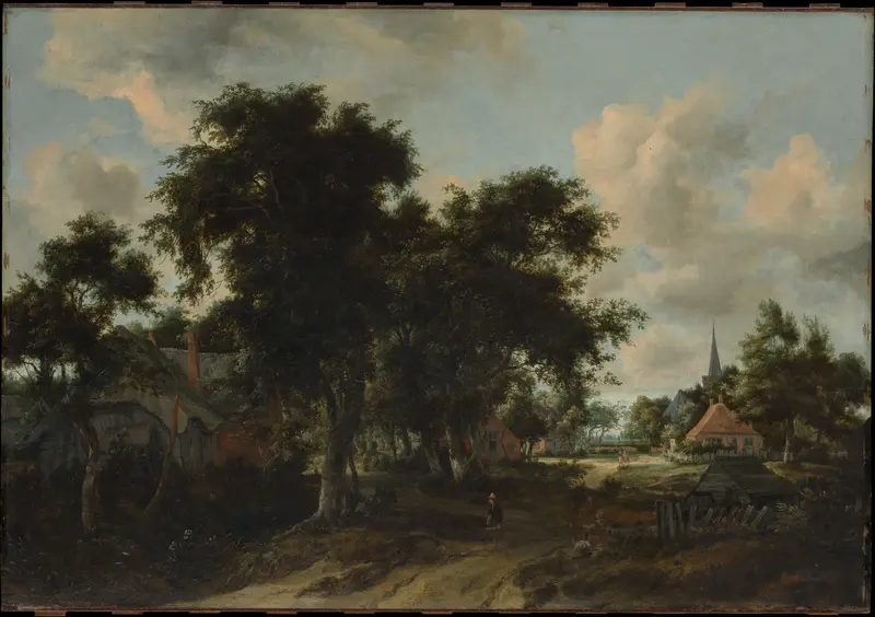 Entrance to a Village Wall Art by Meyndert Hobbema - High-Resolution Digital Print