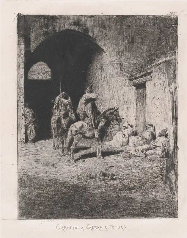 Entrance to the Kasbah in Tetuan, figures sitting on the ground, others on horseback Wall Art by Mariano Fortuny, 1838–1874 - High-Resolution Digital Print