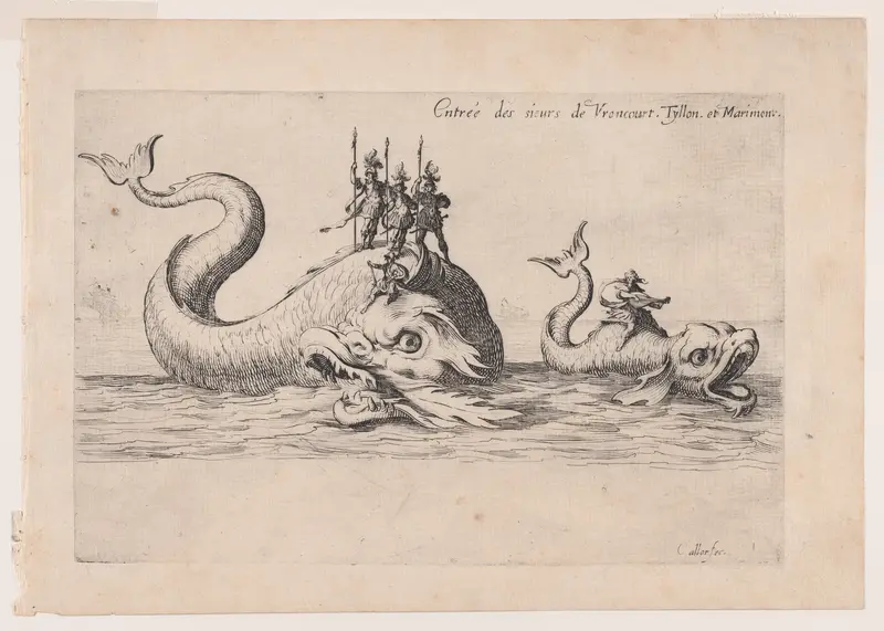 Entrée de MM. de Vroncourt, Tyllon, et Marimont (Entrances of Monsieur de Vroncourt, of Monsieur de Tyllon, and Monsieur de Marimont), from Le Combat a la Barrière in the Palace at Nancy by Henri Humbert, printed by Sebastien Phillipe by Jacques Callot - High-Resolution Digital Print