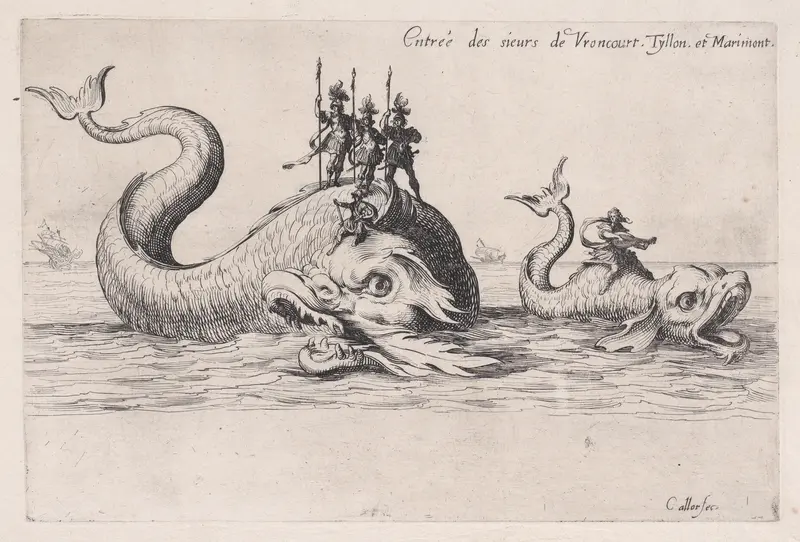 Entrée de MM. de Vroncourt, Tyllon, et Marimont (Entrances of Monsieur de Vroncourt, of Monsieur de Tyllon, and Monsieur de Marimont), from "Le Combat a la Barrière" Wall Art by Jacques Callot - High-Resolution Digital Print