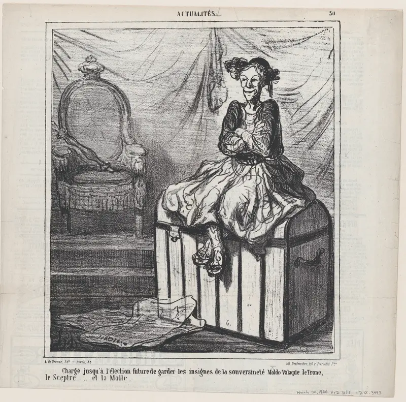 Entrusted with guarding the Insignia of Wallachian sovereignty until the forthcoming election: the throne, the sceptre... and the trunk., from "News of the day" Wall Art by Honoré Daumier - High-Resolution Digital Print