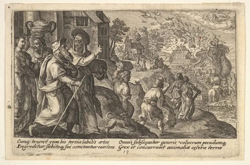 Entry into the ark: Noah and his family walk toward the ark in the background, pairs of animals walk up a ramp leading into the ark, from "Liber Genesis" Wall Art by Crispijn de Passe the Elder - High-Resolution Digital Print