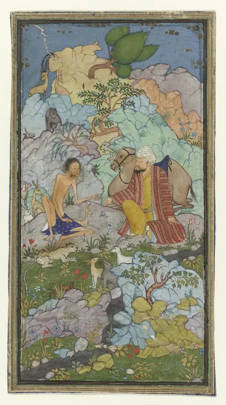 Episode uit de liefdesgeschiedenis van Laila en Majnun, de vermagerde Majnun zit in een landschap met een man en zijn kameel Wall Art by anonymous - High-Resolution Digital Print