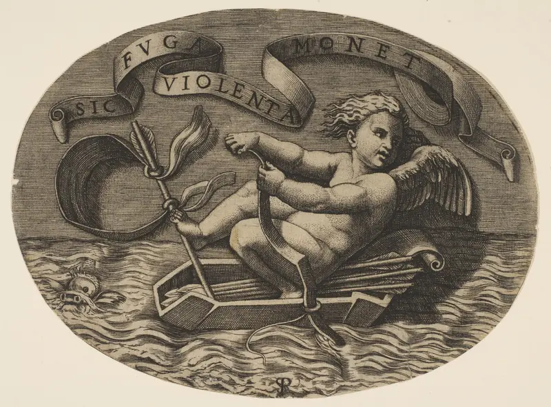 Eros escaping by sea using his bow to propel a boat made from his quiver with an arrow as the mast and his blindfold as the sail, a banderole above