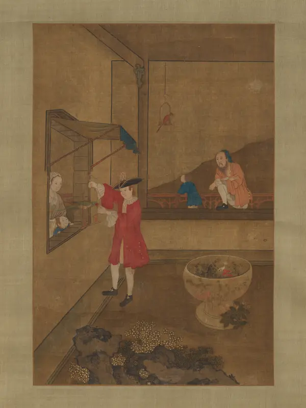 European Couple and Child Playing with Parrot