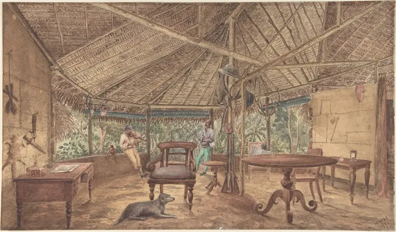 European Men in an African Jungle Lodge Wall Art by Anonymous, British, 19th century - High-Resolution Digital Print