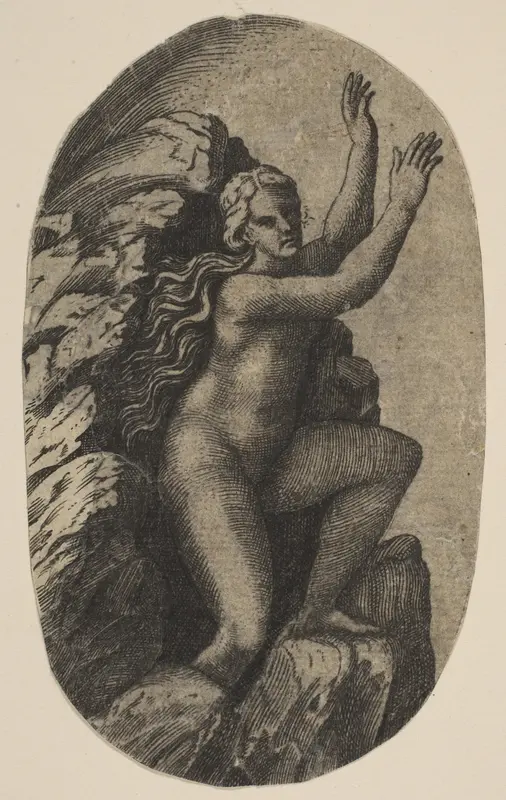 Eurydice naked standing on a rock, her arms raised to the right