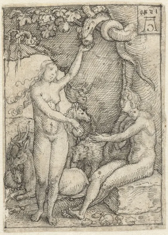Eva reikt Adam de Appel onder de boom met de slang Wall Art by Heinrich Aldegrever - High-Resolution Digital Print
