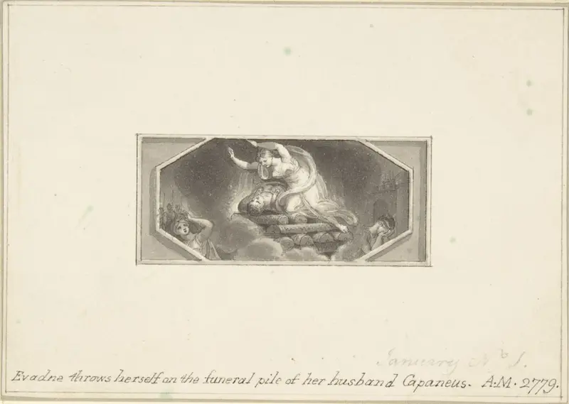 Evadne throws herself on the Funeral Pile of her Husband Capaneus Wall Art by Edward Francis Burney - High-Resolution Digital Print