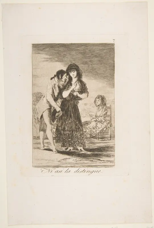 Even thus he cannot make her out (Ni asi la distingue), plate 7 from "Los Caprichos"