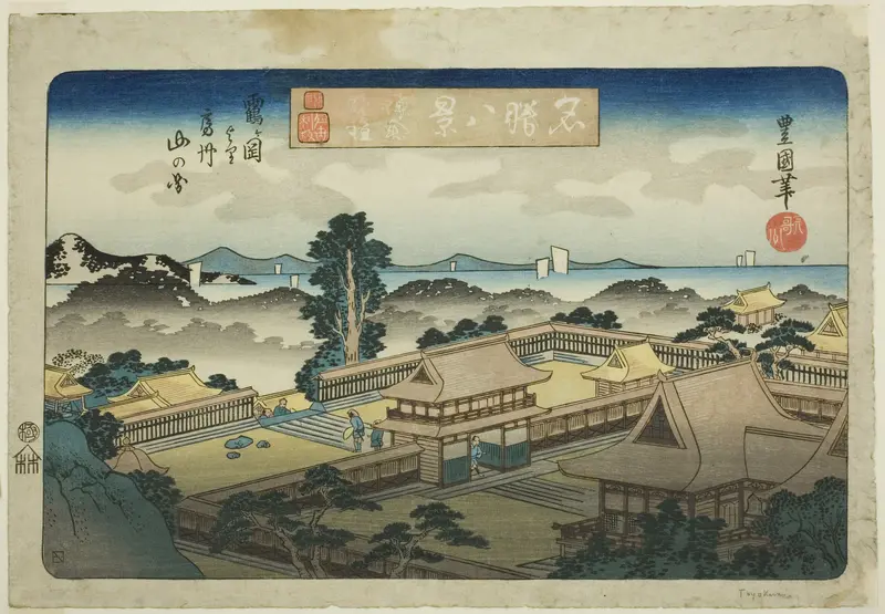 Evening Bell at Kamakura, View of the Mountains of Awa Province from Tsurugaoka (Kamakura bansho, Tsurugaoka yori Boshu yama no zu), from the series "Eight Views of Famous Places (Meisho hakkei)"