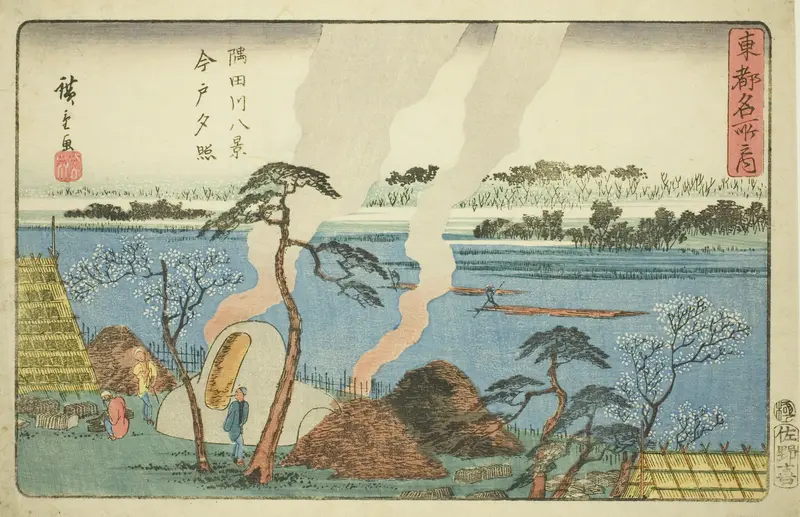 Evening Glow at Imado, Eight Views of the Sumida River (Sumidagawa hakkei, Imado sekisho), from the series "Famous Places in the Eastern Capital (Toto meisho no uchi)"