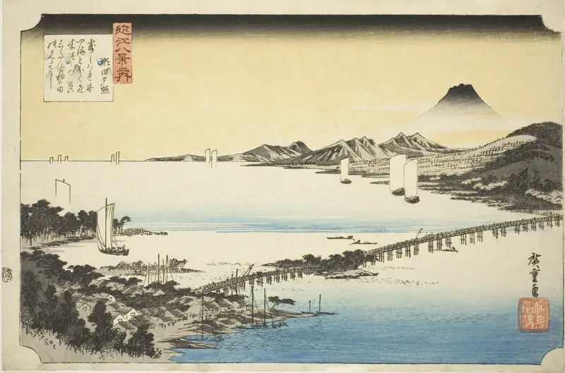 Evening Glow at Seta Bridge (Seta no sekisho), from the series "Eight Views of Omi (Omi hakkei no uchi)"