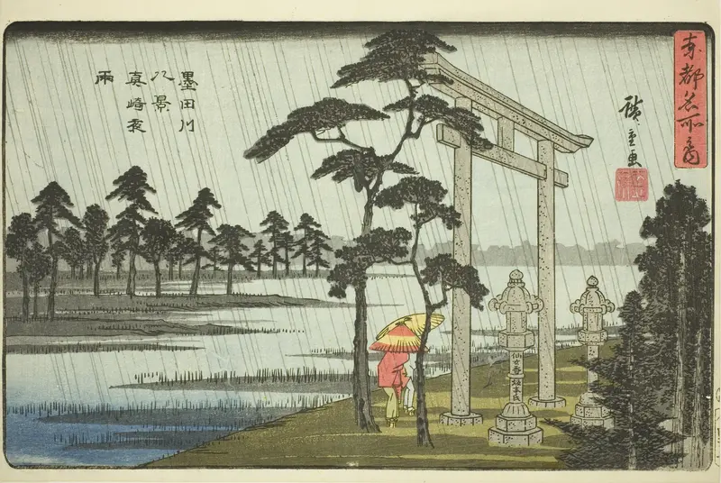 Evening Rain at Massaki, Eight Views of the Sumida River (Sumidagawa hakkei, Massaki yau), from the series "Famous Places in the Eastern Capital (Toto meisho no uchi)"