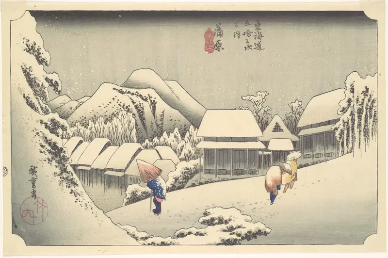 Evening Snow at Kanbara, from the series "Fifty-three Stations of the Tōkaidō"