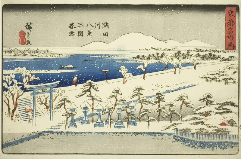 Evening Snow at Mimeguri, Eight Views of the Sumida River (Sumidagawa hakkei, Mimeguri bosetsu), from the series "Famous Places in the Eastern Capital (Toto meisho no uchi)"