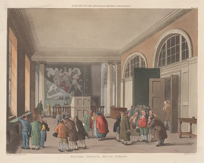 Excise Office, Broad Street Wall Art by Thomas Rowlandson - High-Resolution Digital Print