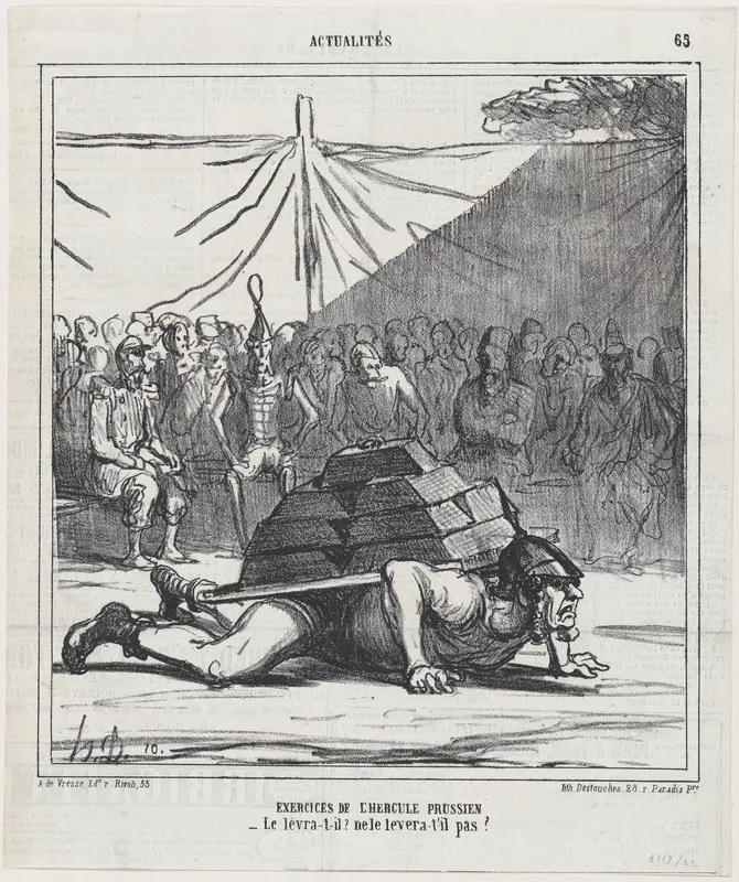 Exercises of the Prussian Hercules: Will he or won't he be able to lift it up?, from 'News of the day,' published in "Le Charivari" Wall Art by Honoré Daumier - High-Resolution Digital Print