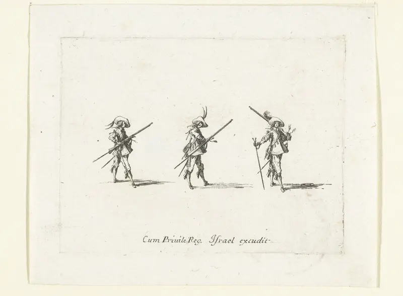 Exercities met een musket: dragen van musket, lont en furket Wall Art by Jacques Callot - High-Resolution Digital Print