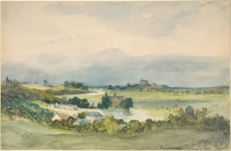 Extensive landscape prospect with a fortified building on hill in the background (recto); Study of a landscape and a female figure (verso) Wall Art by Antoine Chintreuil - High-Resolution Digital Print