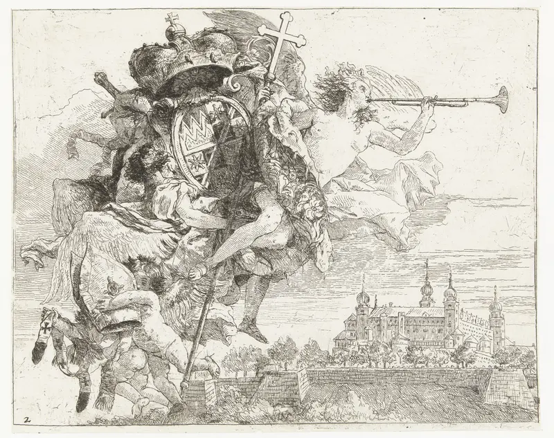 Faam en putti met wapen van Karl Philipp von Greiffenklau en attributen van bisschop boven Marienberg in Würzburg Wall Art by Giovanni Domenico Tiepolo - High-Resolution Digital Print