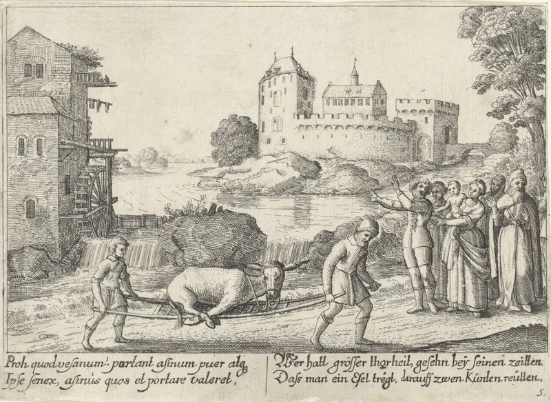 Fabel van de boer en zijn ezel; De boer en zijn zoon dragen de ezel op een draagbaar Wall Art by Unknown - High-Resolution Digital Print
