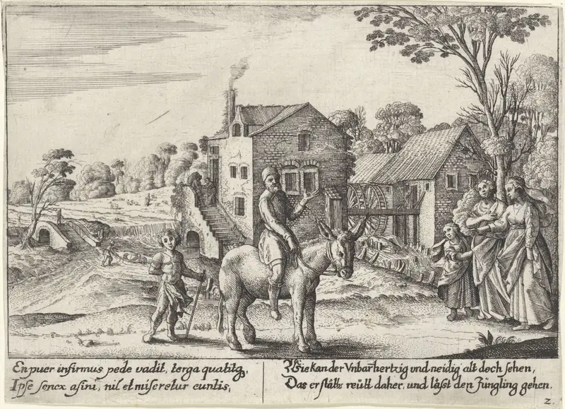 Fabel van de boer en zijn ezel; De boer zit op de ezel terwijl de zoon loopt Wall Art by Wenceslaus Hollar - High-Resolution Digital Print