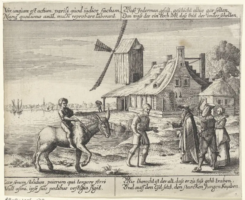 Fabel van de boer en zijn ezel; De zoon van de boer zit op de ezel terwijl de boer loopt Wall Art by Unknown - High-Resolution Digital Print