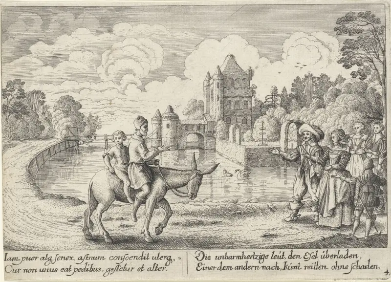 Fabel van de boer en zijn ezel; Zowel de boer als zijn zoon zitten op de ezel Wall Art by Unknown - High-Resolution Digital Print
