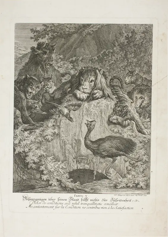 Fable V, plate five from Lehrreiche Fabeln aus dem Reiche der Theire Wall Art by Johann Elias Ridinger - High-Resolution Digital Print