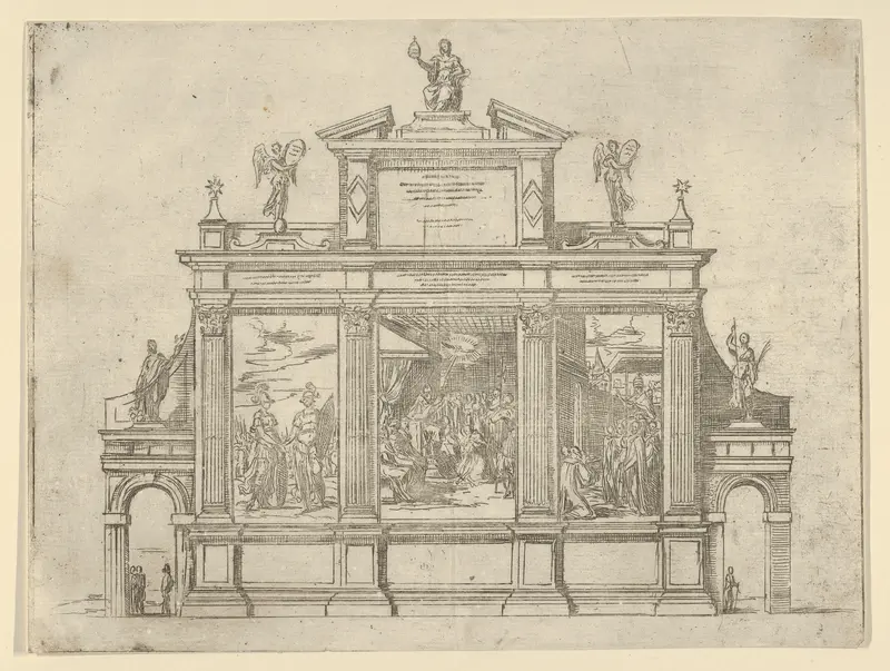 Façade of a triumphal monument with three scenes depicting deeds of Pope Clement VIII, a temporary decoration for the entry of Pope Clement VIII in Bologna in 1598 Wall Art by Guido Reni - High-Resolution Digital Print